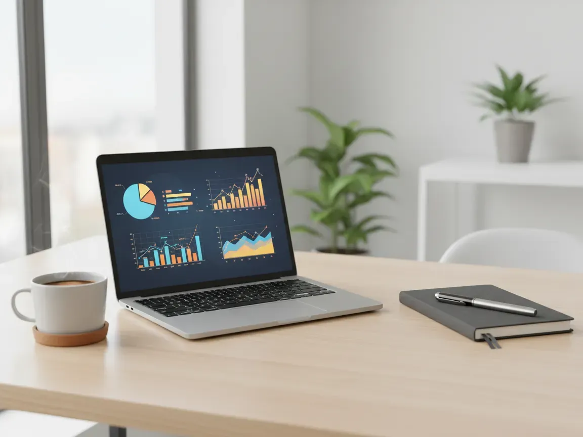 A modern desk in daylight with an open laptop showing data charts, plus a notebook, pen, and coffee. Minimalist setup.